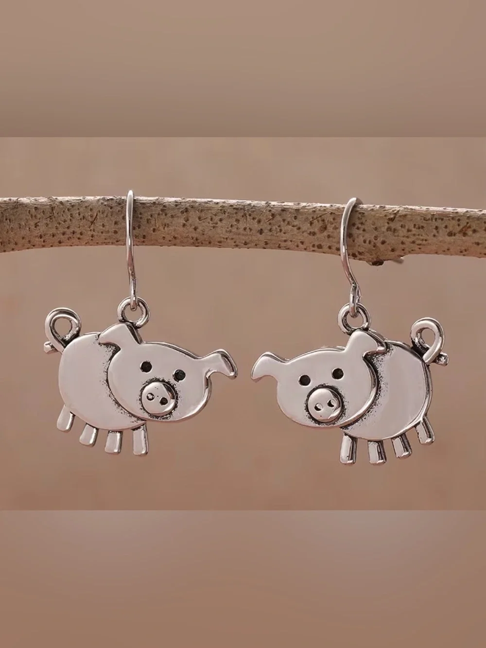 Silver Pig Dangle Earrings - Cute Farm Animal Accessory